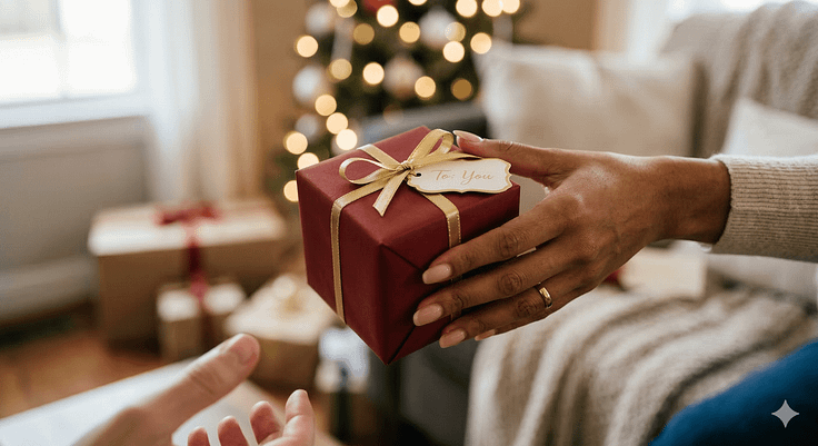 A person handing a red gift box with a gold ribbon and a tag labeled 'To: You' to another person, with a decorated Christmas tree and other presents in the background.
