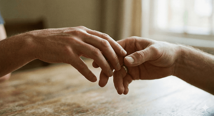 Two hands reaching towards each other over a wooden table.