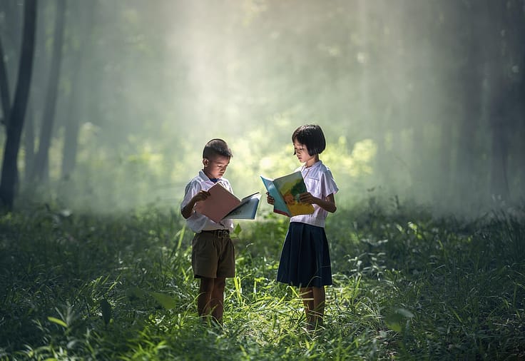 Two children standing in a sunlit forest, reading books.